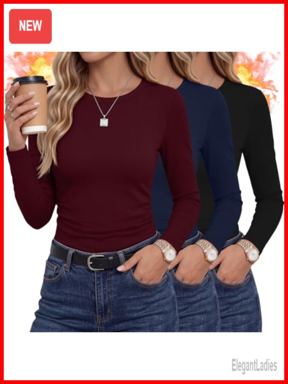 Women's Fleece Lined Thermal Long Sleeve Shirt 3 Pack Crew Neck Slim Fit
